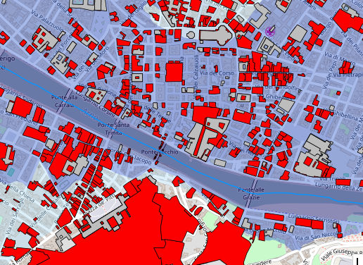 La mappa con gli edifici contenenti beni culturali in zone di pericolosità idraulica nel centro di Firenze